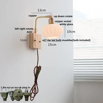 Modern brass and ash wood led wall light bedroom glass sconce