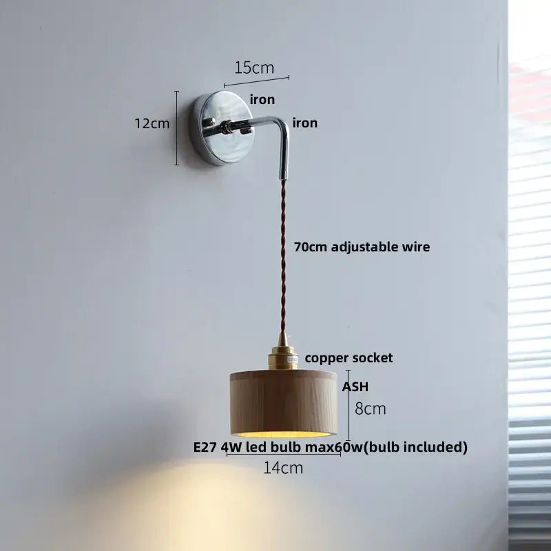 Japanese ash wood led wall light bedroom pull chain lamp