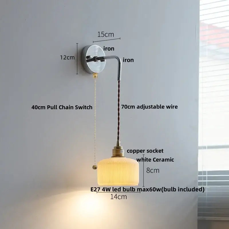 Japanese ash wood led wall light bedroom pull chain lamp