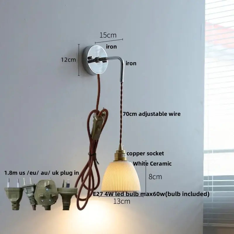 Japanese ash wood led wall light bedroom pull chain lamp