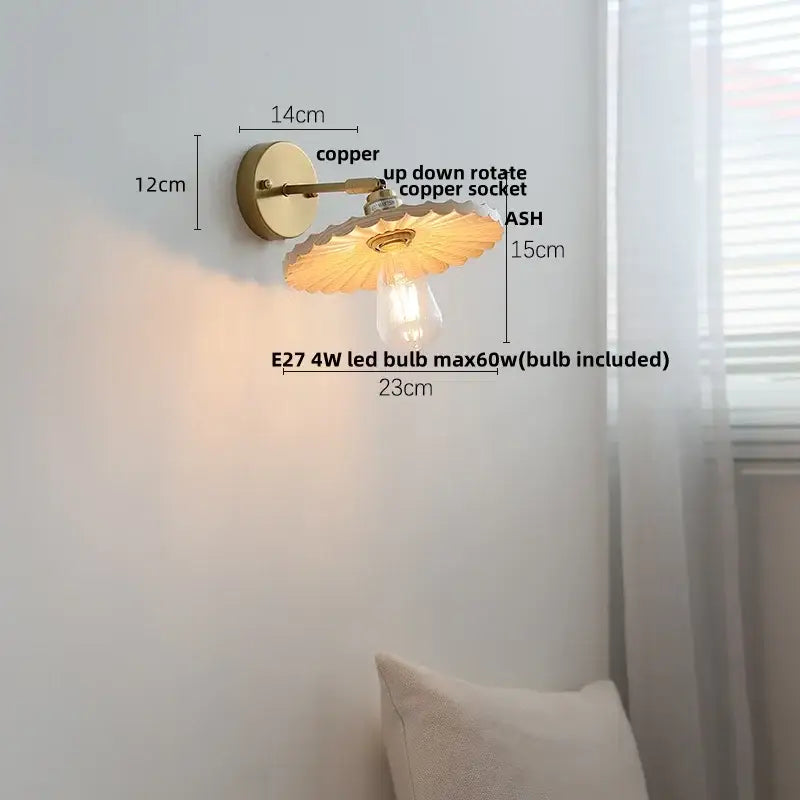 Vintage brass and ash wood led wall light – bedroom scalloped sconce