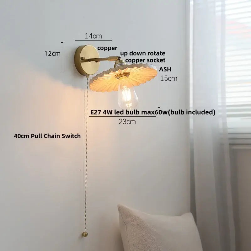 Vintage brass and ash wood led wall light – bedroom scalloped sconce
