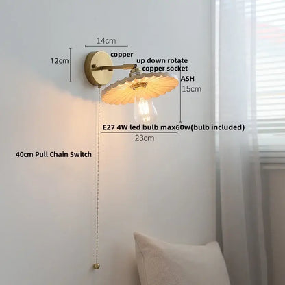 Vintage brass and ash wood led wall light – bedroom scalloped sconce