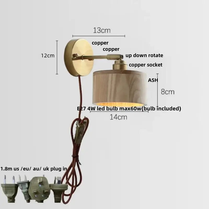 Vintage brass and ash wood led wall light – bedroom scalloped sconce