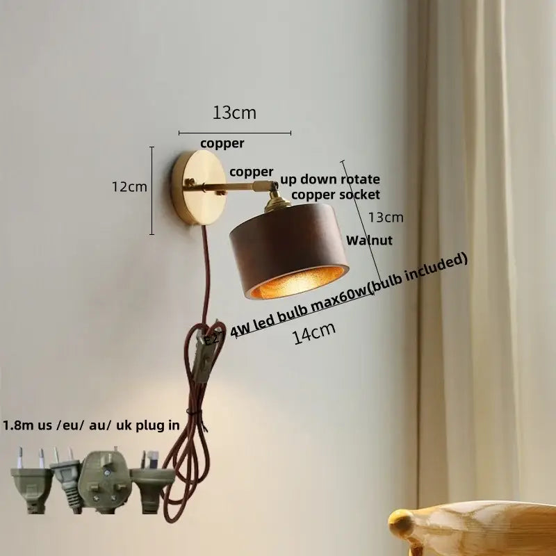 Vintage brass and ash wood led wall light – bedroom scalloped sconce