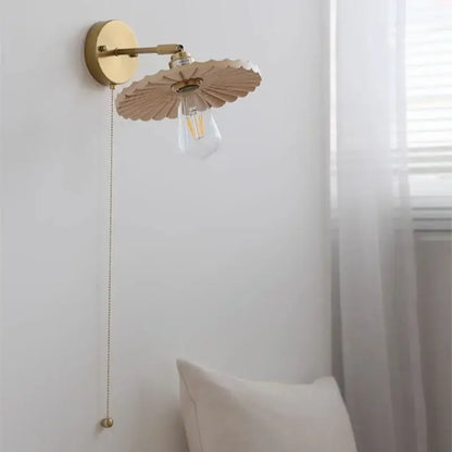 Vintage brass and ash wood led wall light – bedroom scalloped sconce