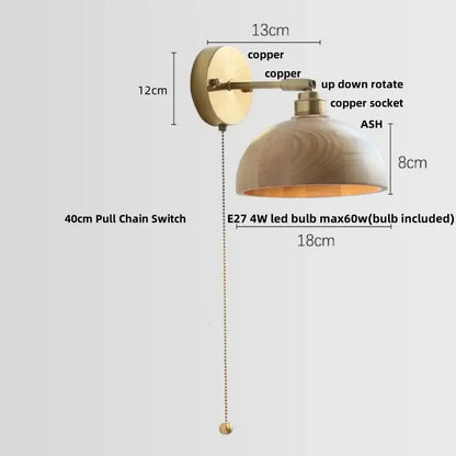 Vintage brass and ash wood led wall light – bedroom scalloped sconce