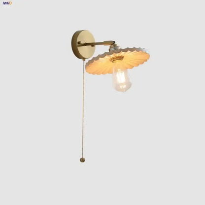 Vintage brass and ash wood led wall light – bedroom scalloped sconce