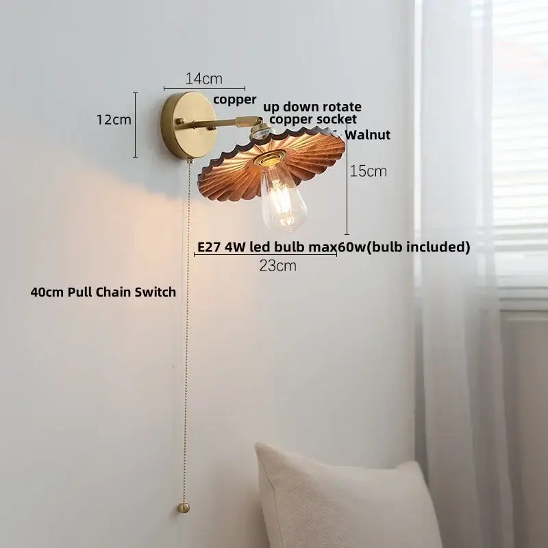 Vintage brass and ash wood led wall light – bedroom scalloped sconce