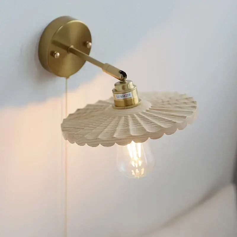 Vintage brass and ash wood led wall light – bedroom scalloped sconce