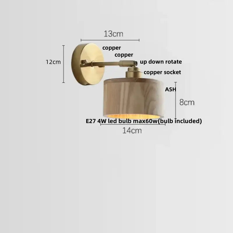 Vintage brass and ash wood led wall light – bedroom scalloped sconce