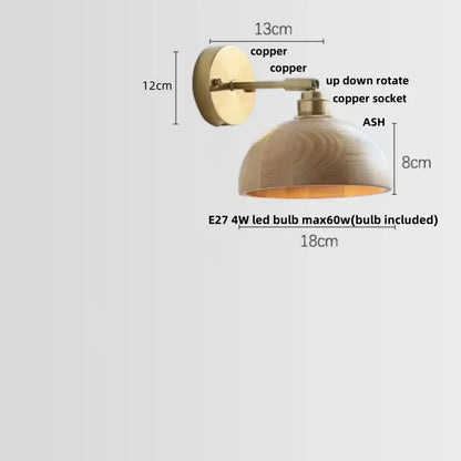 Vintage brass and ash wood led wall light – bedroom scalloped sconce