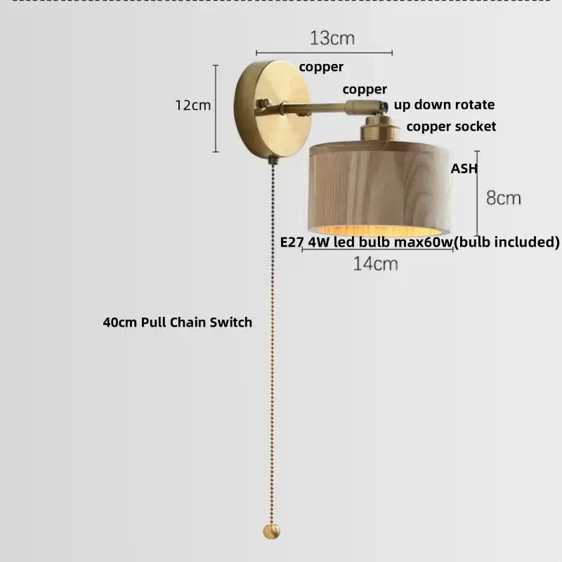 Vintage brass and ash wood led wall light – bedroom scalloped sconce