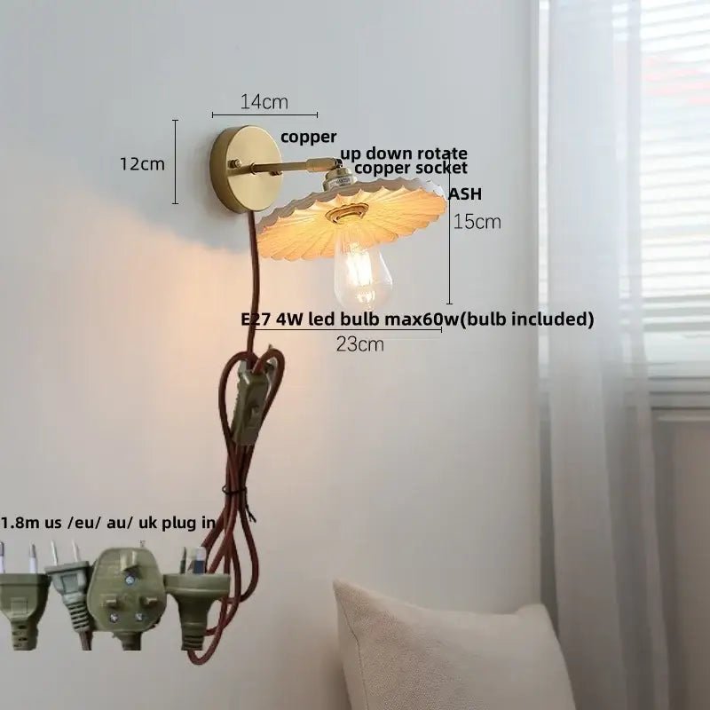 Vintage brass and ash wood led wall light – bedroom scalloped sconce