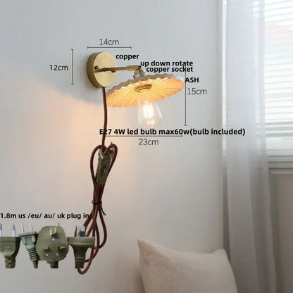Vintage brass and ash wood led wall light – bedroom scalloped sconce