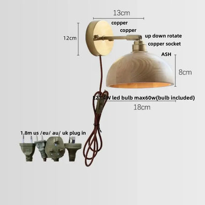 Vintage brass and ash wood led wall light – bedroom scalloped sconce