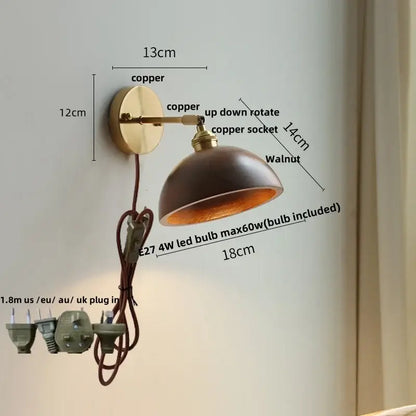 Vintage brass and ash wood led wall light – bedroom scalloped sconce