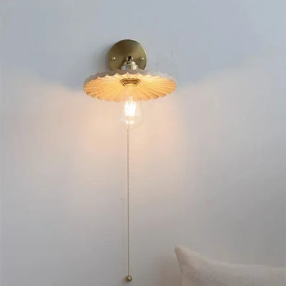 Vintage brass and ash wood led wall light – bedroom scalloped sconce
