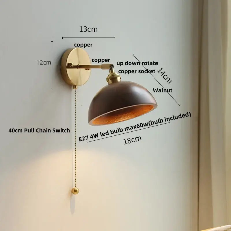 Vintage brass and ash wood led wall light – bedroom scalloped sconce