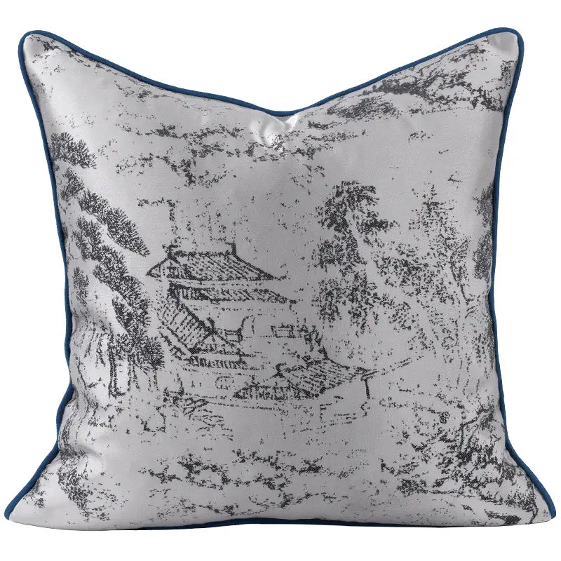 Asian landscape painting gray pillow cover living room decor