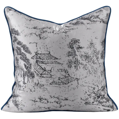 Asian landscape painting gray pillow cover living room decor