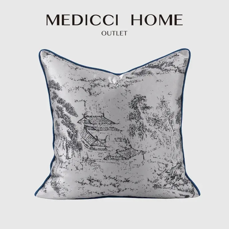 Asian landscape painting gray pillow cover living room decor