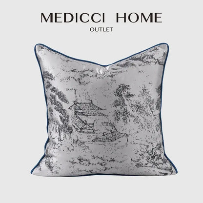 Asian landscape painting gray pillow cover living room decor