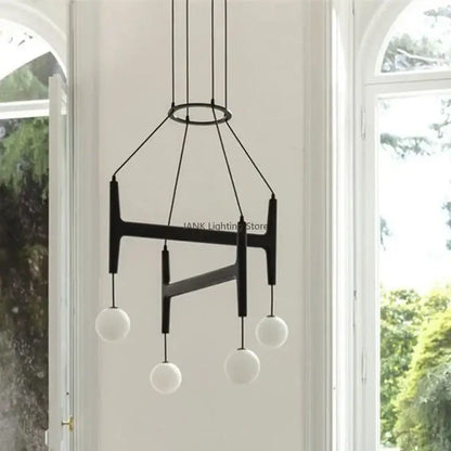 Modern astra wood pendant light with white glass shades dining room