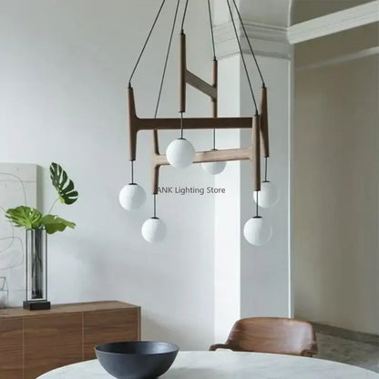 Modern astra wood pendant light with white glass shades dining room