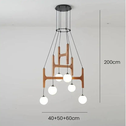 Modern astra wood pendant light with white glass shades dining room