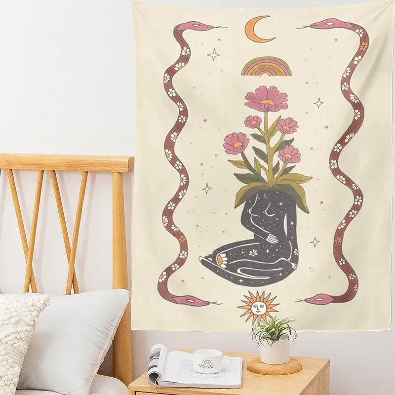 Cream astrology tarot card tapestry bedroom snake wall hanging
