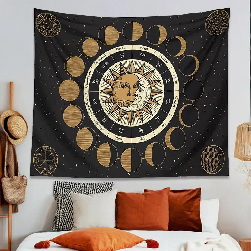 Celestial black and gold astrology wheel tapestry bedroom wall decor