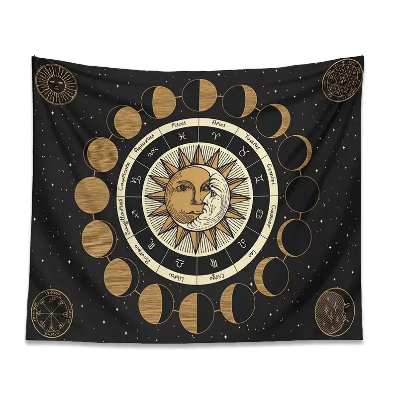 Celestial black and gold astrology wheel tapestry bedroom wall decor