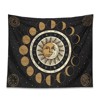 Celestial black and gold astrology wheel tapestry bedroom wall decor