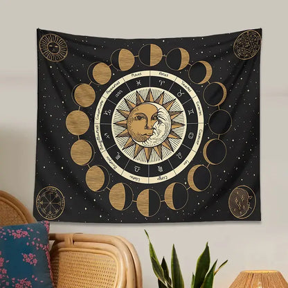 Celestial black and gold astrology wheel tapestry bedroom wall decor