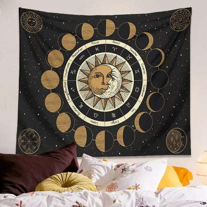 Celestial black and gold astrology wheel tapestry bedroom wall decor