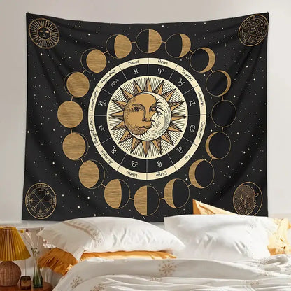Celestial black and gold astrology wheel tapestry bedroom wall decor