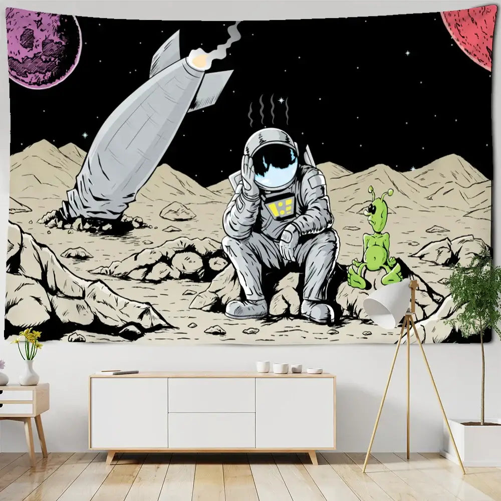 Kawaii astronaut alien tapestry wall hanging for bedroom decor