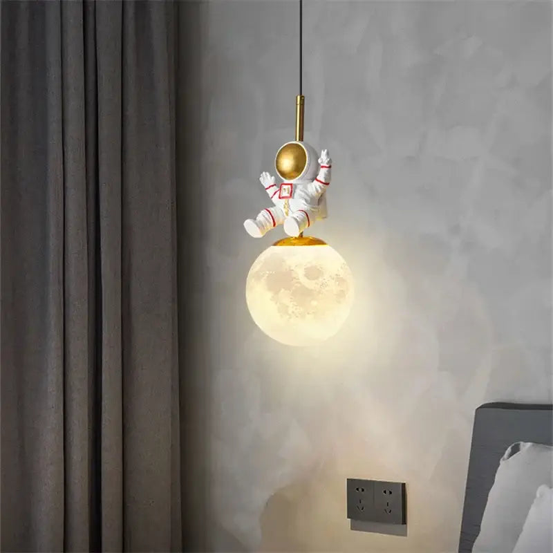 Whimsical white & gold astronaut chandelier bedroom pendant light