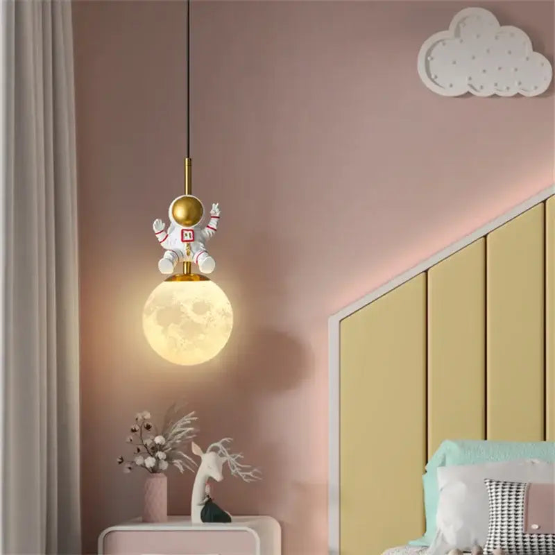 Whimsical white & gold astronaut chandelier bedroom pendant light