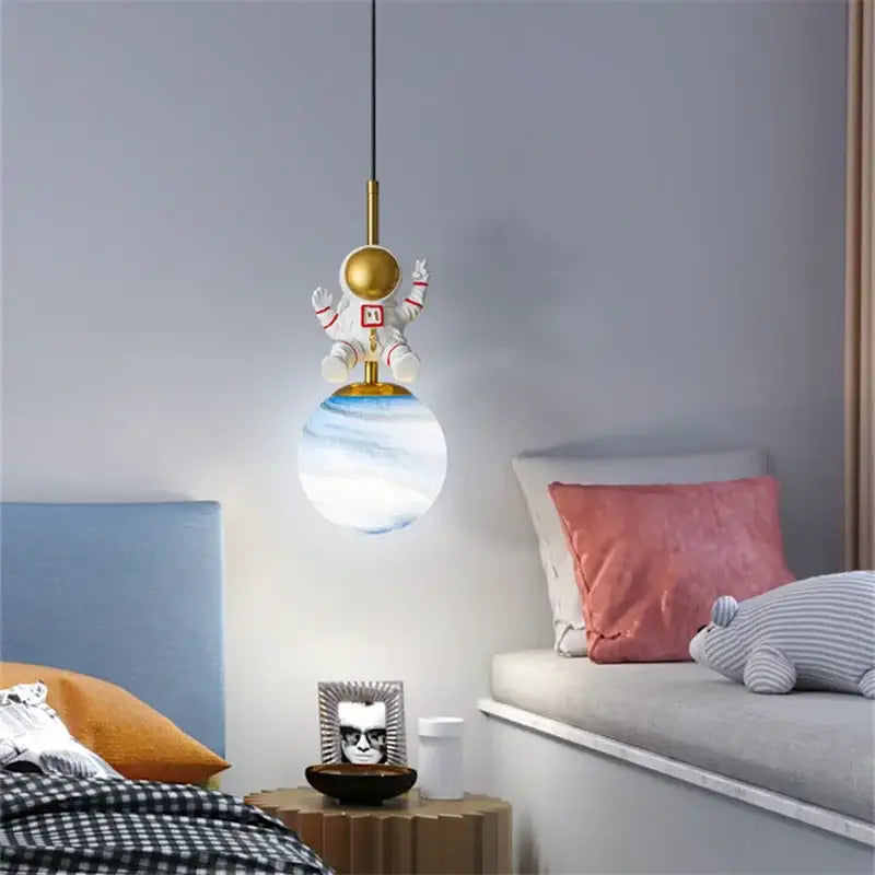 Whimsical white & gold astronaut chandelier bedroom pendant light