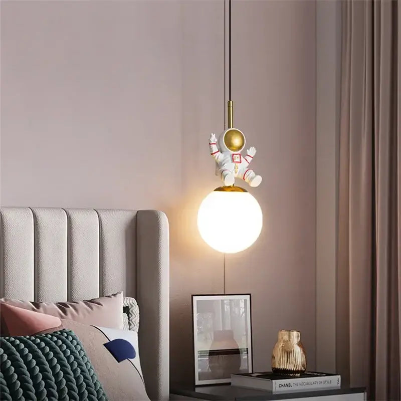 Whimsical white & gold astronaut chandelier bedroom pendant light