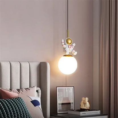 Whimsical white & gold astronaut chandelier bedroom pendant light