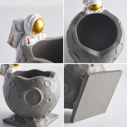 Astronaut white & gold moon pen holder figurines for office desk