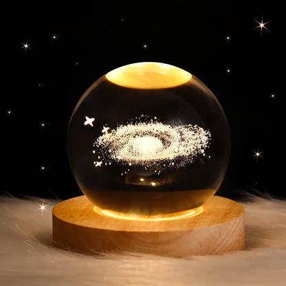 Saturn 3d crystal ball night light bedroom wooden base lamp