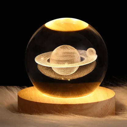 Saturn 3d crystal ball night light bedroom wooden base lamp