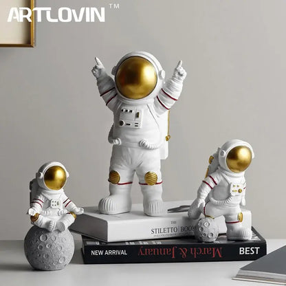 Modern white and gold astronaut figurines bedroom spaceman decor