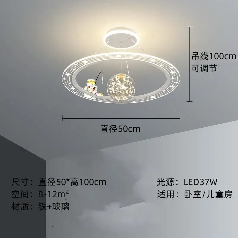 Whimsical blue & gold astronaut led chandelier nursery pendant light
