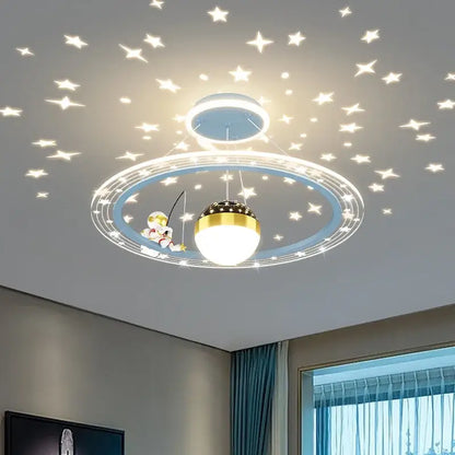 Whimsical blue & gold astronaut led chandelier nursery pendant light