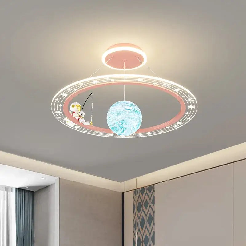 Whimsical blue & gold astronaut led chandelier nursery pendant light